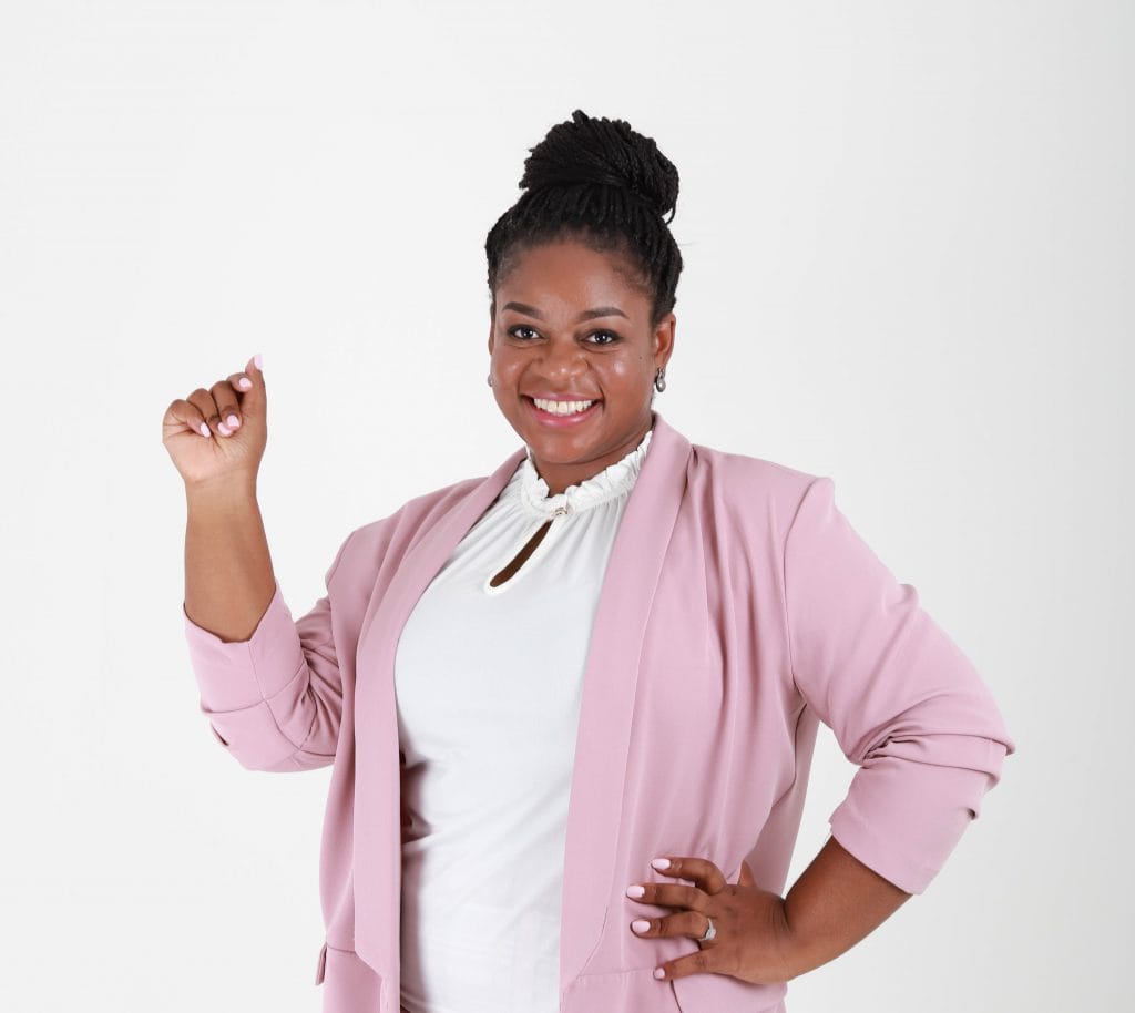 Keletso Yende smiling in a white top with a pink jacket